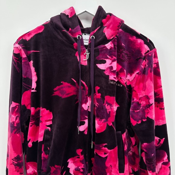 Juicy Couture Velour Track Jacket Size XL Hooded Floral Coquette Streetwear Boho - Picture 3 of 15